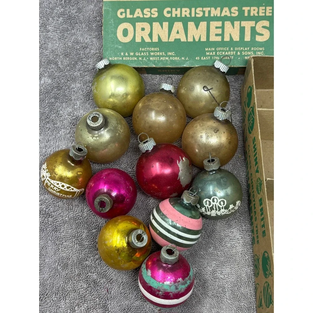 Vintage Shiny Brite Glass Christmas Ornaments 12pc MCM USA Original Box
